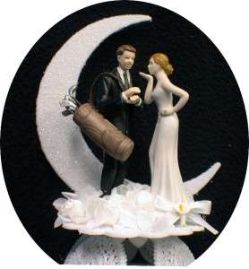 GOLFING GROOM Loving bride Golf Wedding Cake Topper LOT Glasses, knife 