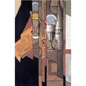 Glasses, a Newspaper and a Bottle of Wine by Juan Gris. Size 19.75 X 
