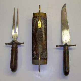 Vintage CARVING SET Hardwood BRASS India KNIFE FORK Set  