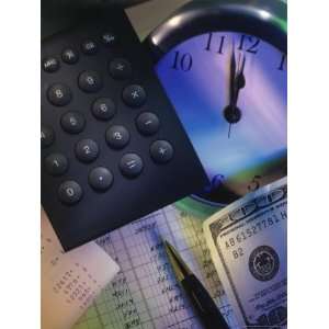  Calculator Over Clock, Spread Sheet and Money Photographic 