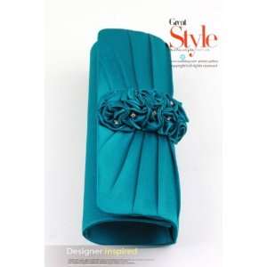  Ladies Teal Flower Satin Party Clutch Evening Bag 