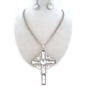 Fancy Chunky Silver Tone Clear Crystal and Stones Extra Large Cross 