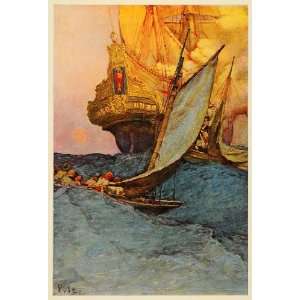 1908 Howard Pyle Spanish Galleon Sailing Ship Pirates   Original Print