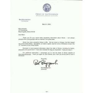  Governor Rod Blagojevich Hand Signed Typed Letter 2005 
