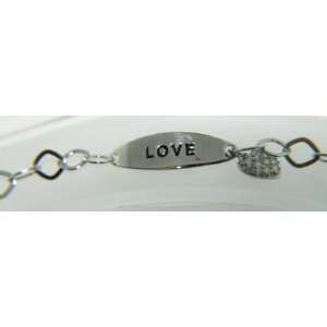  Love Engraved Plate with CZ Encrusted Heart Charm on Chain 