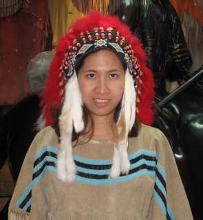 Chief Red White Indian Headdress Costume Feather War Bonnet  