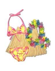 Hula Bathing Suit with Raffia Skirt and Flowered Leis