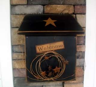 PRIMITIVE~WOOD WOODEN MAILBOX MAIL BOX~WELCOME~STAR~  