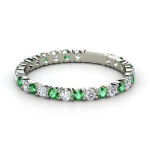 Rich & Thin Band, 14K White Gold Ring with Diamond & Emerald