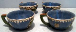 OLD MEXICAN TLAQUEPAQUE POTTERY ARIAS 4 BLUE AZTEC CUPS  