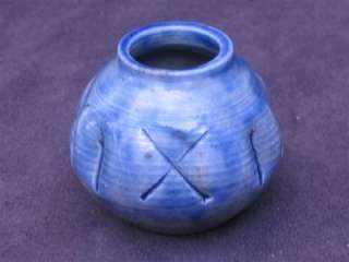 Miniature Art Pottery   Blue Glazed Pot 1 3/4, Signed  