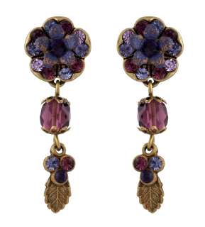 Michal Negrin Flower & Leaves Earrings made with Blue Crystals & Beads 