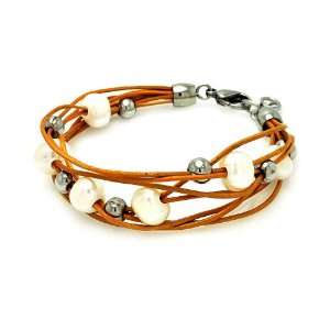 Multi Strand Brown Leather Pearl And Steel Bead Bracelet Pearl: 6Pcs 