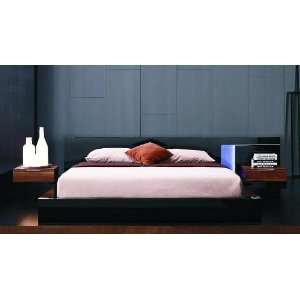   Night   Modern Black Lacquer Bed & 2 Nightstands