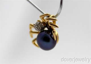 Estate Diamond Black Pearl Gold Spider Charm Pendant NR  