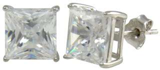 925 Sterling Silver Square Princess Cut Basket Set CZ Stud Earrings 