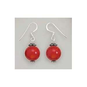   Red Coral Bead Sterling Silver French Wire Earrings, 3/4 inch Jewelry