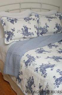 FRENCH NAVY BLUE & WHITE FLORAL TOILE KING QUILT SET / COTTON  