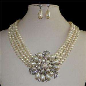 Bridal Flower Necklace Earring Swarovski Crystal Pearl  