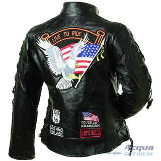 Bike Motorcycle Ladies Leather Jacket w/ Flag Patches  