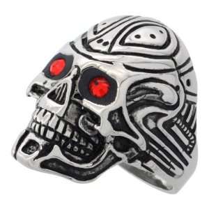  Surgical Steel Bot Skull Ring Tribal Tattoos Red CZ Eyes 1 