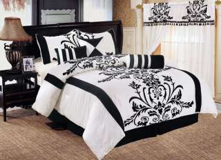 7pc Black White Floral Comforter Set Bed in a bag Queen NEW  
