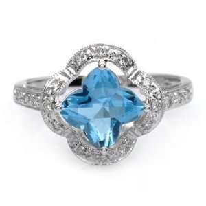  18k White Gold Clover Shaped Blue Topaz and Diamond Ring 